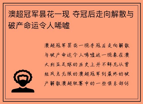 澳超冠军昙花一现 夺冠后走向解散与破产命运令人唏嘘